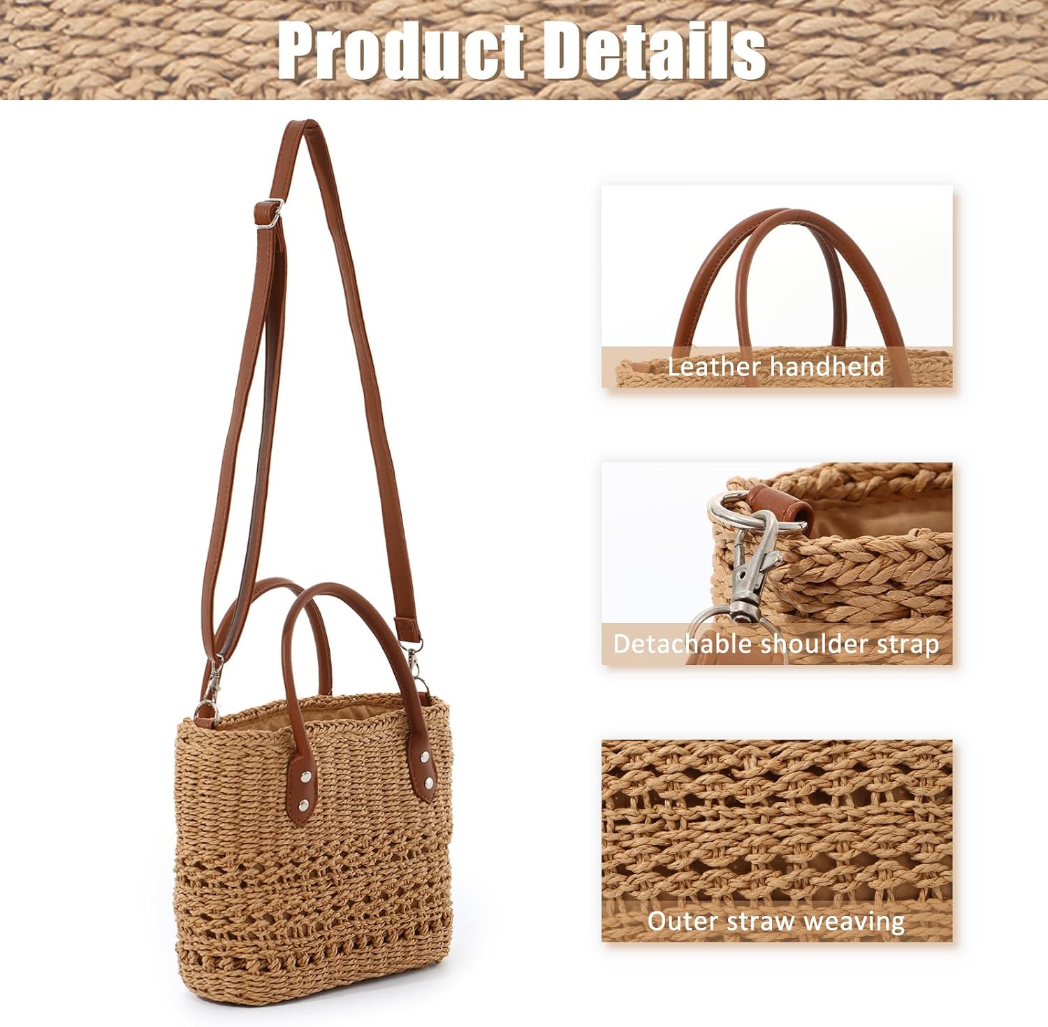 Summer Straw Bag for Women, Woven Rattan Handbag Bags, Boho Handmade Weave Shoulder Handbag Purse for Holiday Travel