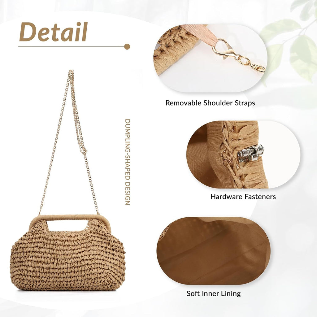 LHHMZ Women Straw Dumpling Clutch Bag, Woven Straw Clutch Handbag, Summer Beach Crossbody Shoulder Bag for Vacation Travel