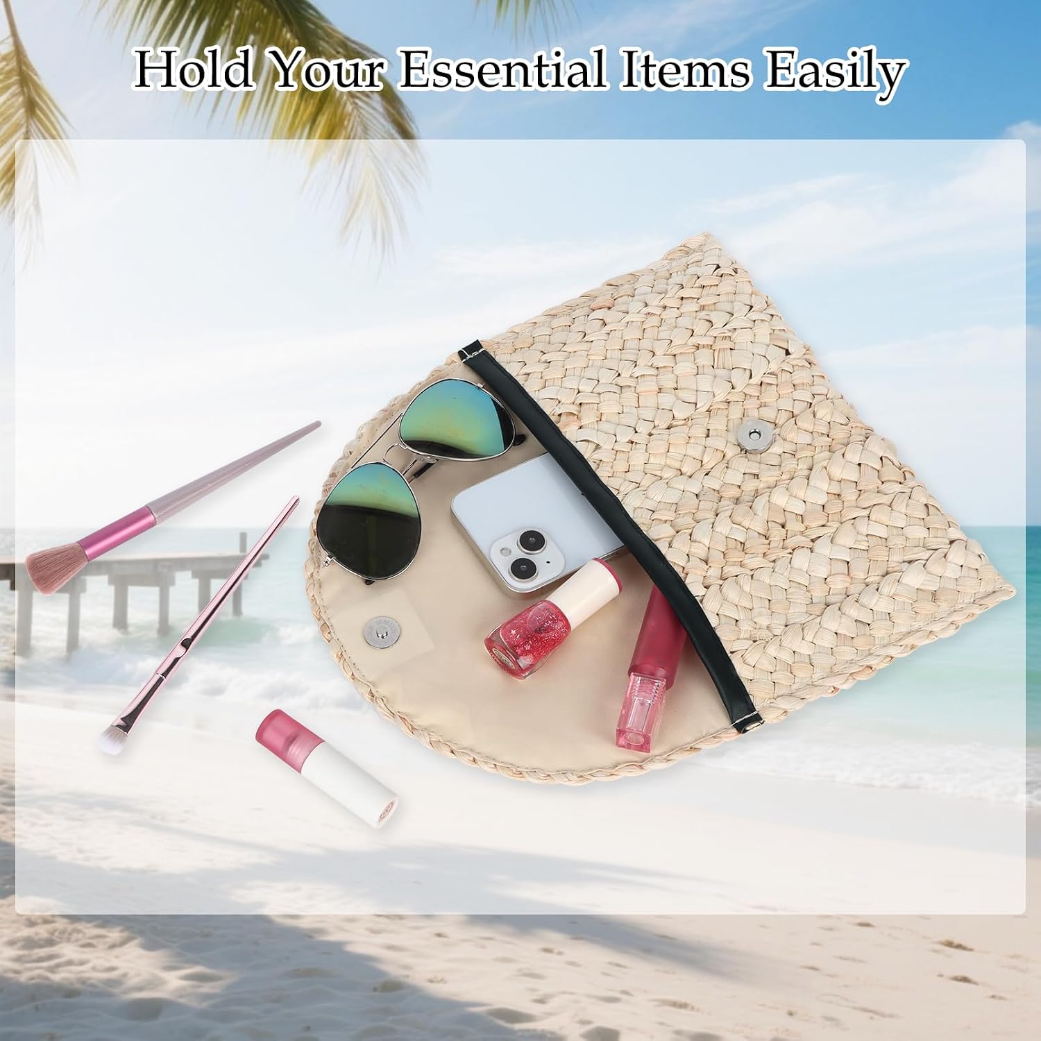 Straw Beach Clutch Bag for Women, Summer Boho Handmade Woven Beach Handbag, Casual Straw Clutch Bags for Summer Sandybeach Travel Holiday Vacation