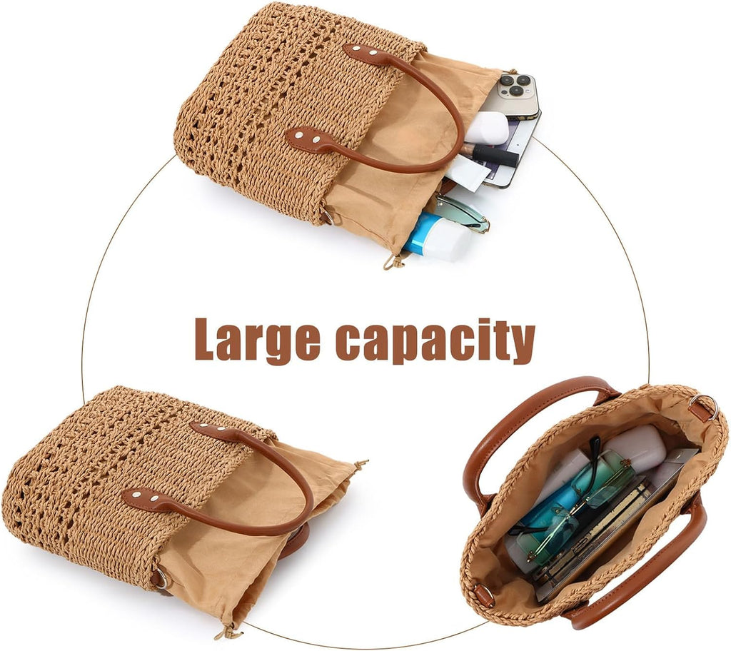 Summer Straw Bag for Women, Woven Rattan Handbag Bags, Boho Handmade Weave Shoulder Handbag Purse for Holiday Travel
