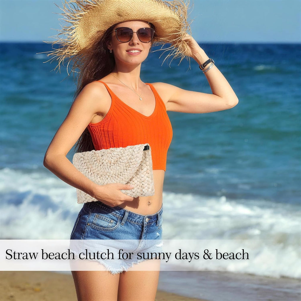 Straw Beach Clutch Bag for Women, Summer Boho Handmade Woven Beach Handbag, Casual Straw Clutch Bags for Summer Sandybeach Travel Holiday Vacation