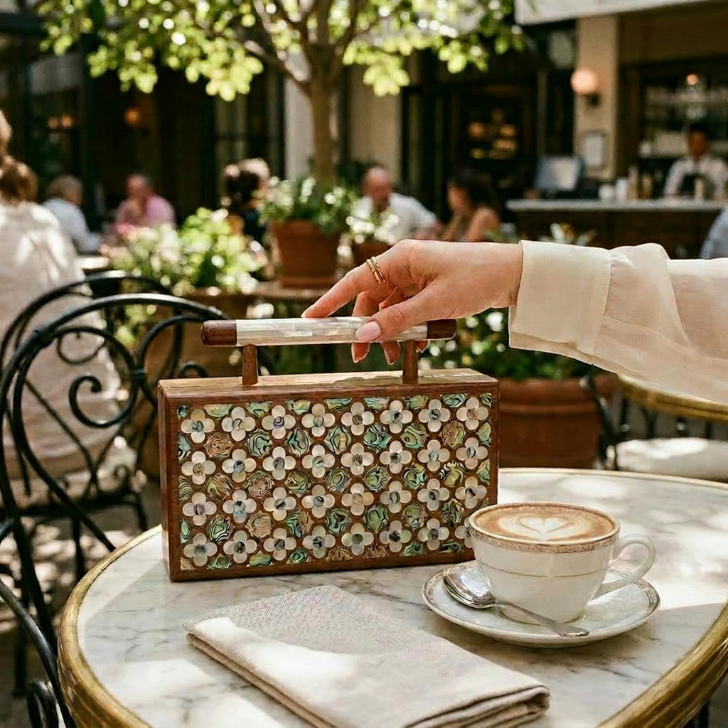 Walnut & Pearl Luxury Handcrafted Wooden Clutch Bag with Mother of Pearl
