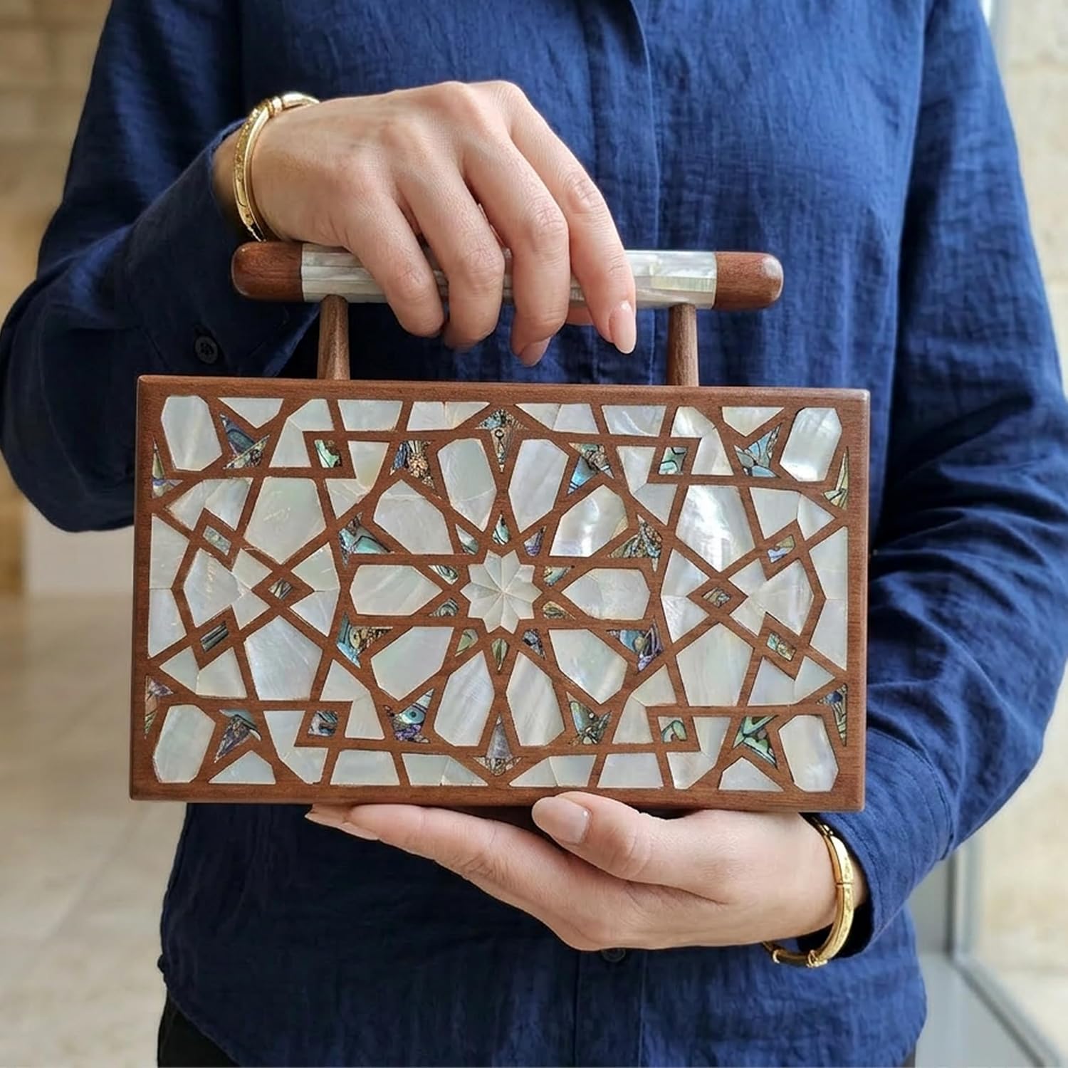 Walnut & Pearl Luxury Handcrafted Wooden Clutch Bag with Mother of Pearl
