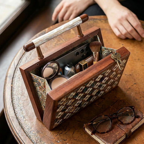 Walnut & Pearl Luxury Handcrafted Wooden Clutch Bag with Mother of Pearl