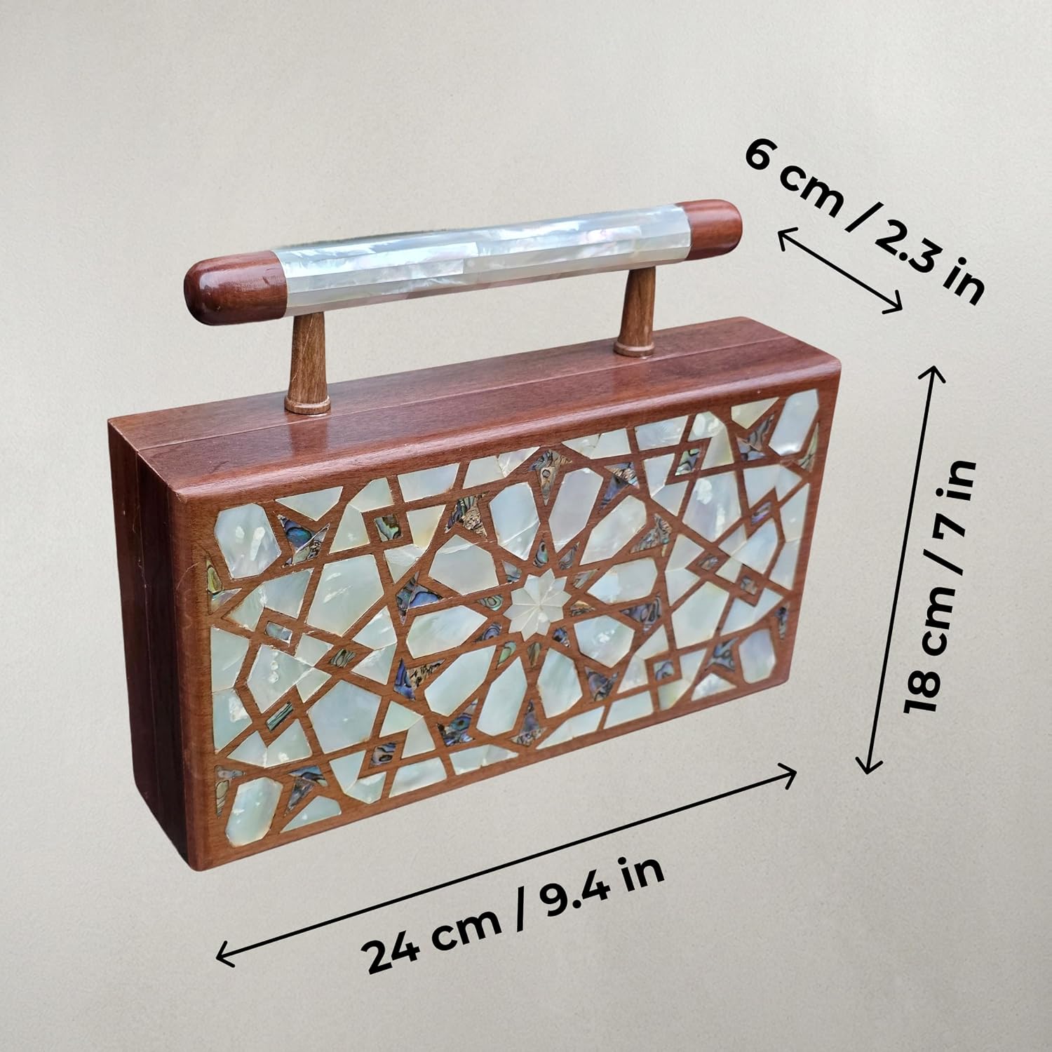 Walnut & Pearl Luxury Handcrafted Wooden Clutch Bag with Mother of Pearl