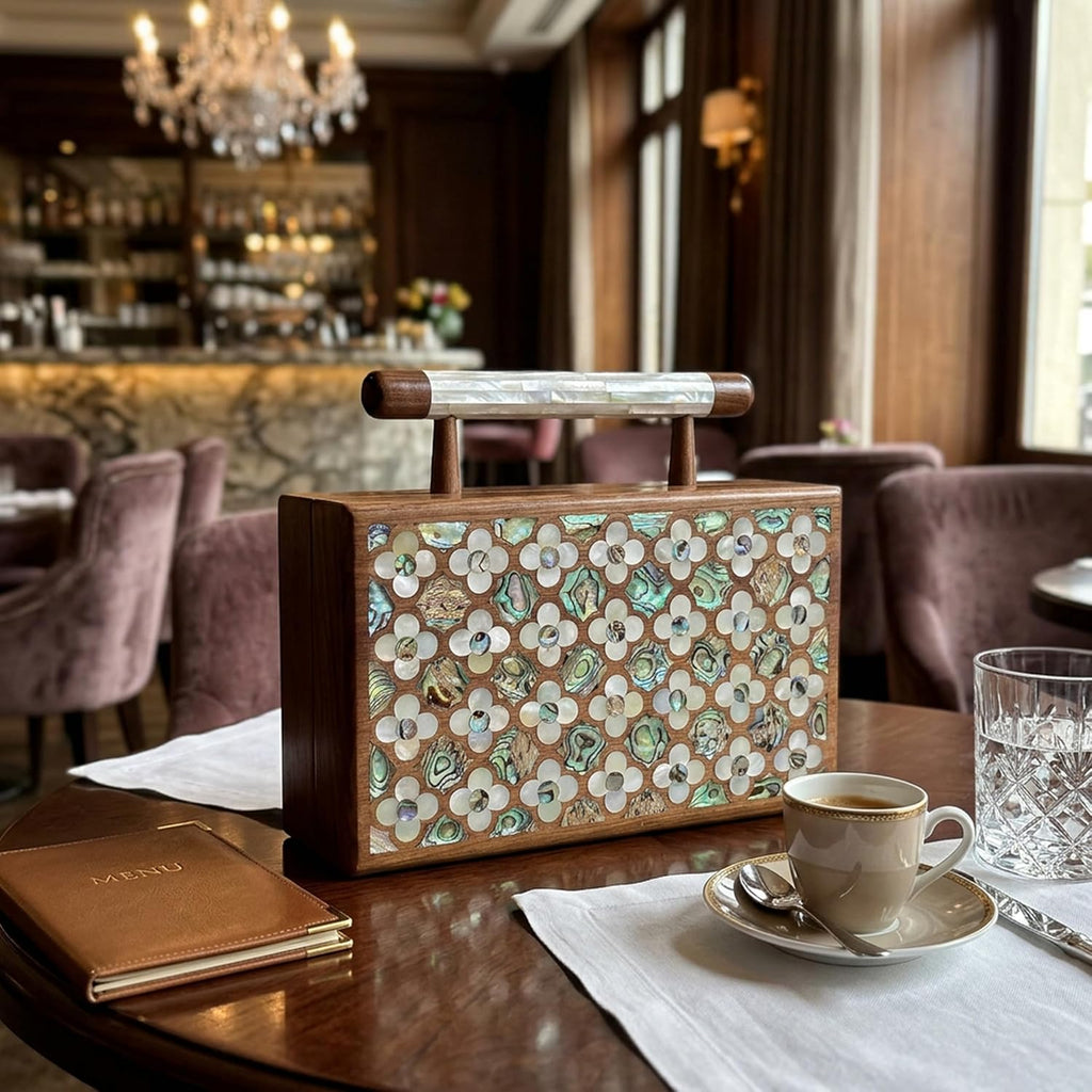 Walnut & Pearl Luxury Handcrafted Wooden Clutch Bag with Mother of Pearl