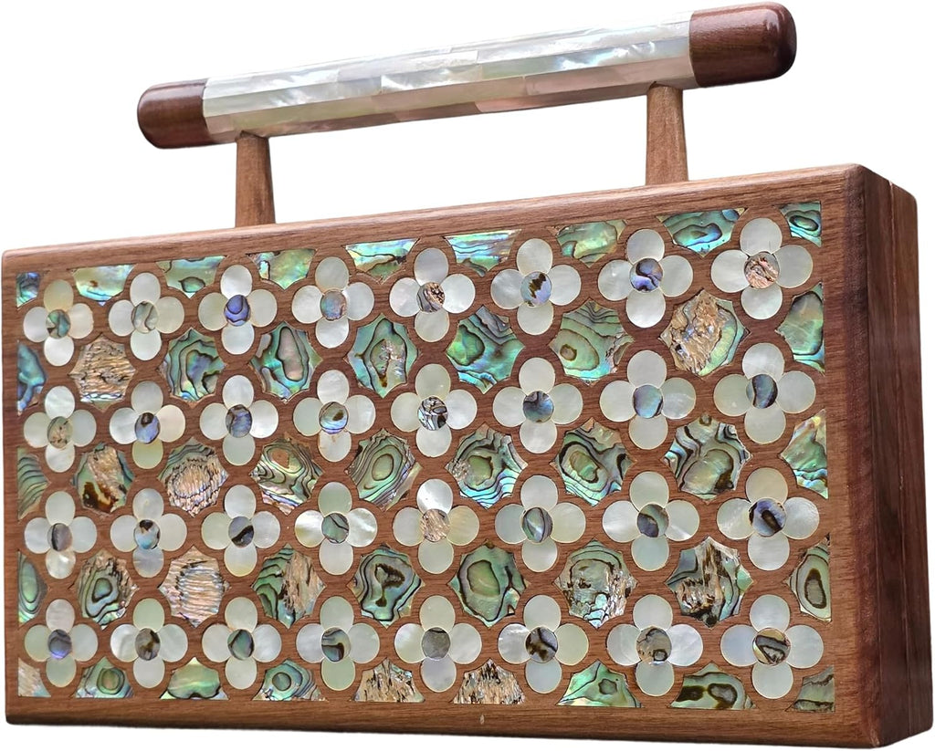 Walnut & Pearl Luxury Handcrafted Wooden Clutch Bag with Mother of Pearl