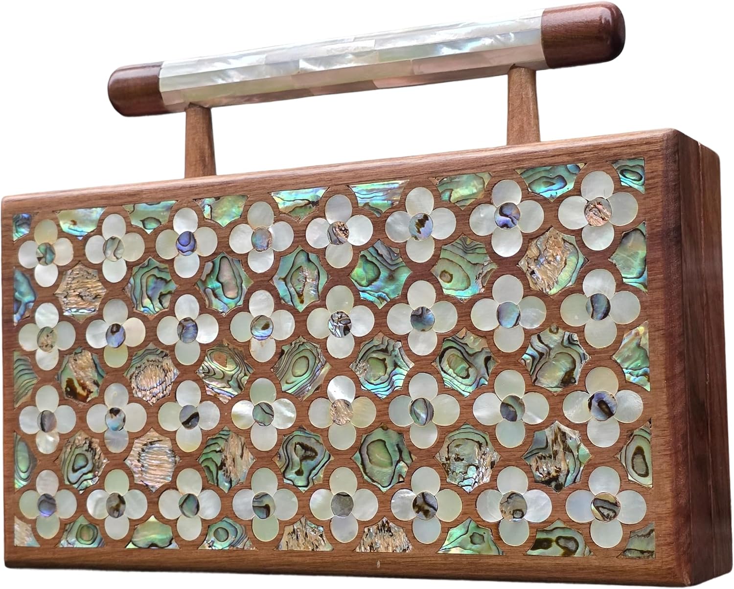 Walnut & Pearl Luxury Handcrafted Wooden Clutch Bag with Mother of Pearl