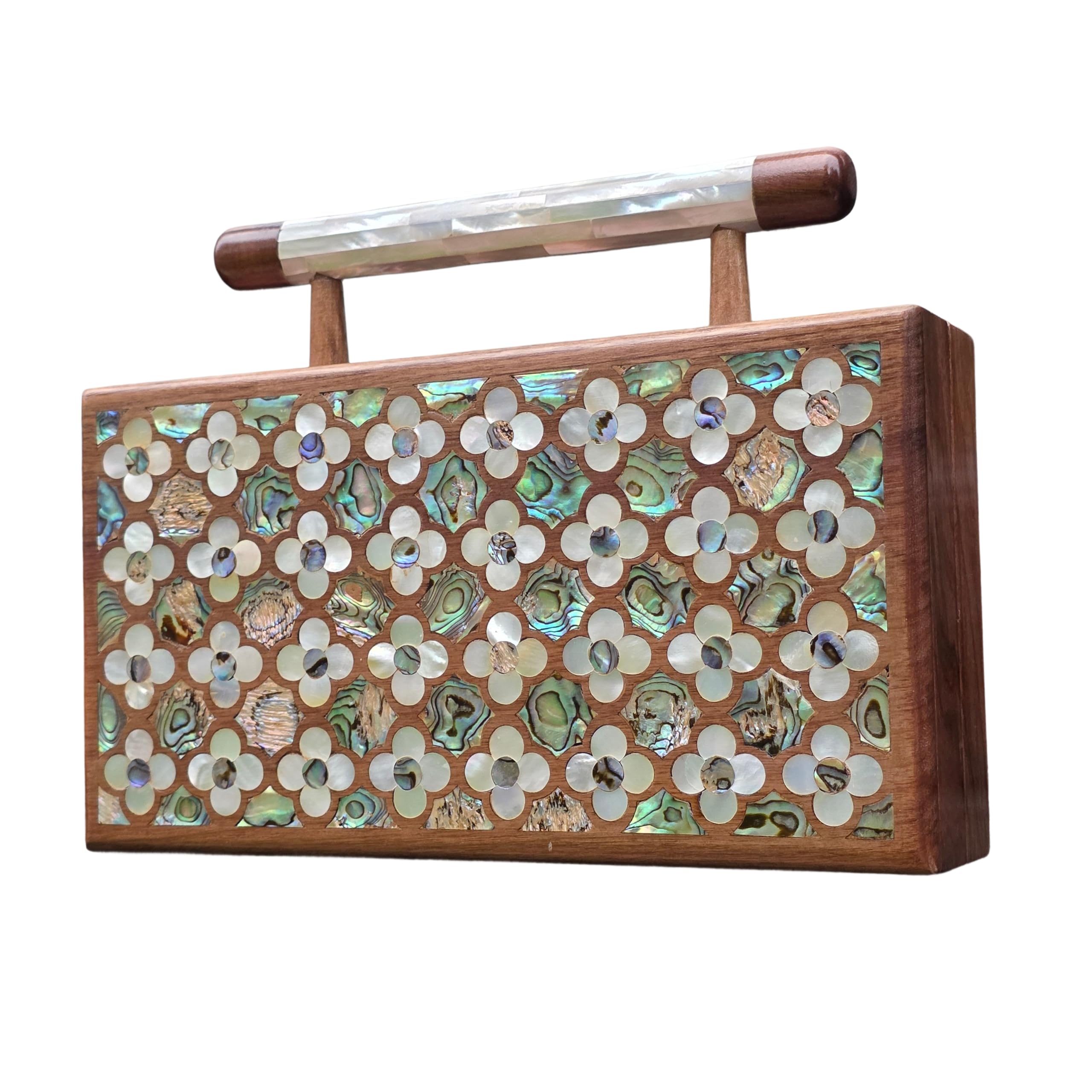 Walnut & Pearl Luxury Handcrafted Wooden Clutch Bag with Mother of Pearl