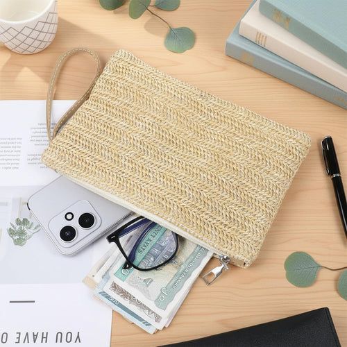 Hand-Woven Straw Clutch, Summer Straw Clutch Purses for Women, Bohemian Wristlet Bag for Beach, Vacation