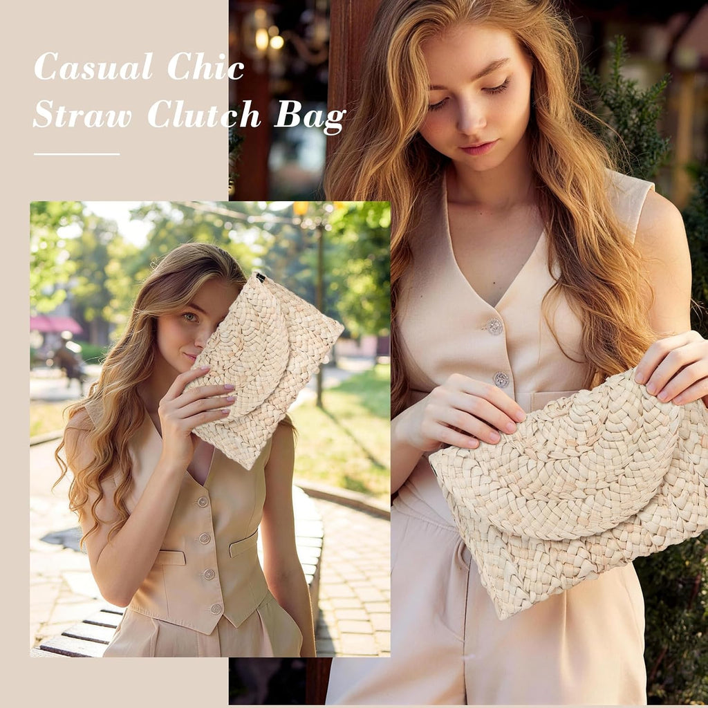 Straw Beach Clutch Bag for Women, Summer Boho Handmade Woven Beach Handbag, Casual Straw Clutch Bags for Summer Sandybeach Travel Holiday Vacation