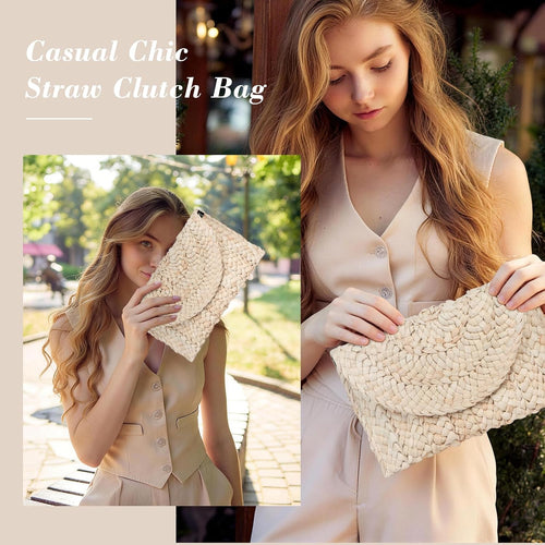 Straw Beach Clutch Bag for Women, Summer Boho Handmade Woven Beach Handbag, Casual Straw Clutch Bags for Summer Sandybeach Travel Holiday Vacation