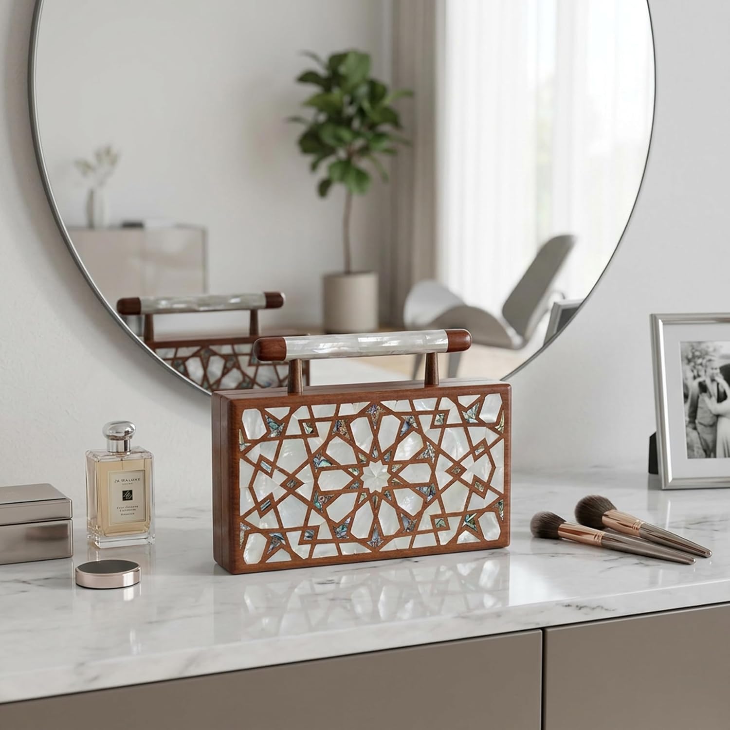 Walnut & Pearl Luxury Handcrafted Wooden Clutch Bag with Mother of Pearl