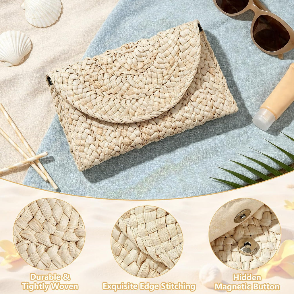 Straw Beach Clutch Bag for Women, Summer Boho Handmade Woven Beach Handbag, Casual Straw Clutch Bags for Summer Sandybeach Travel Holiday Vacation